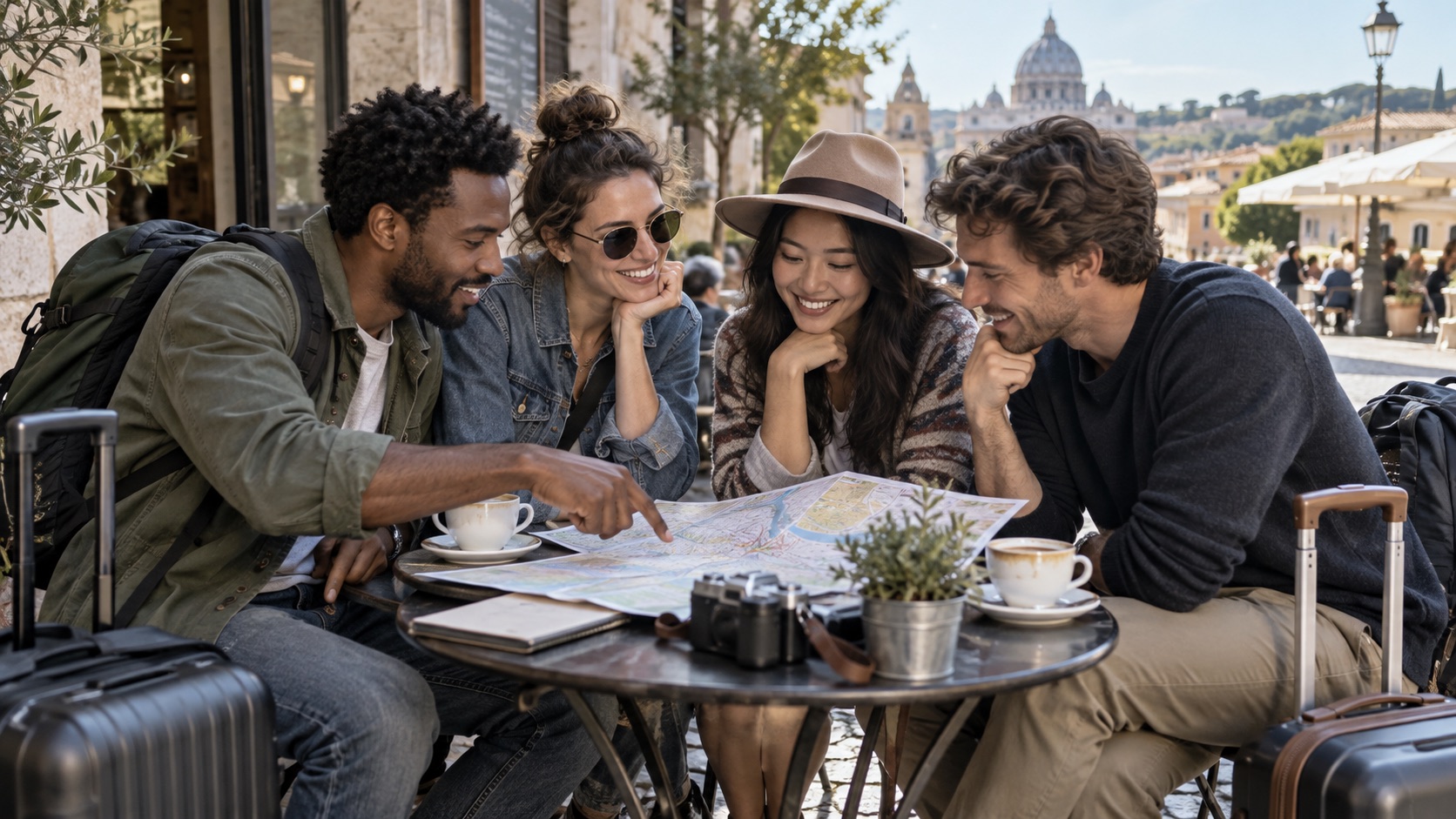 Illustrative image of four friends reviewing a map together at an outdoor cafe