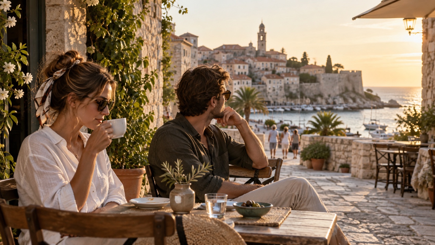 Illustrative image of two travelers pausing at an outdoor cafe in a coastal town